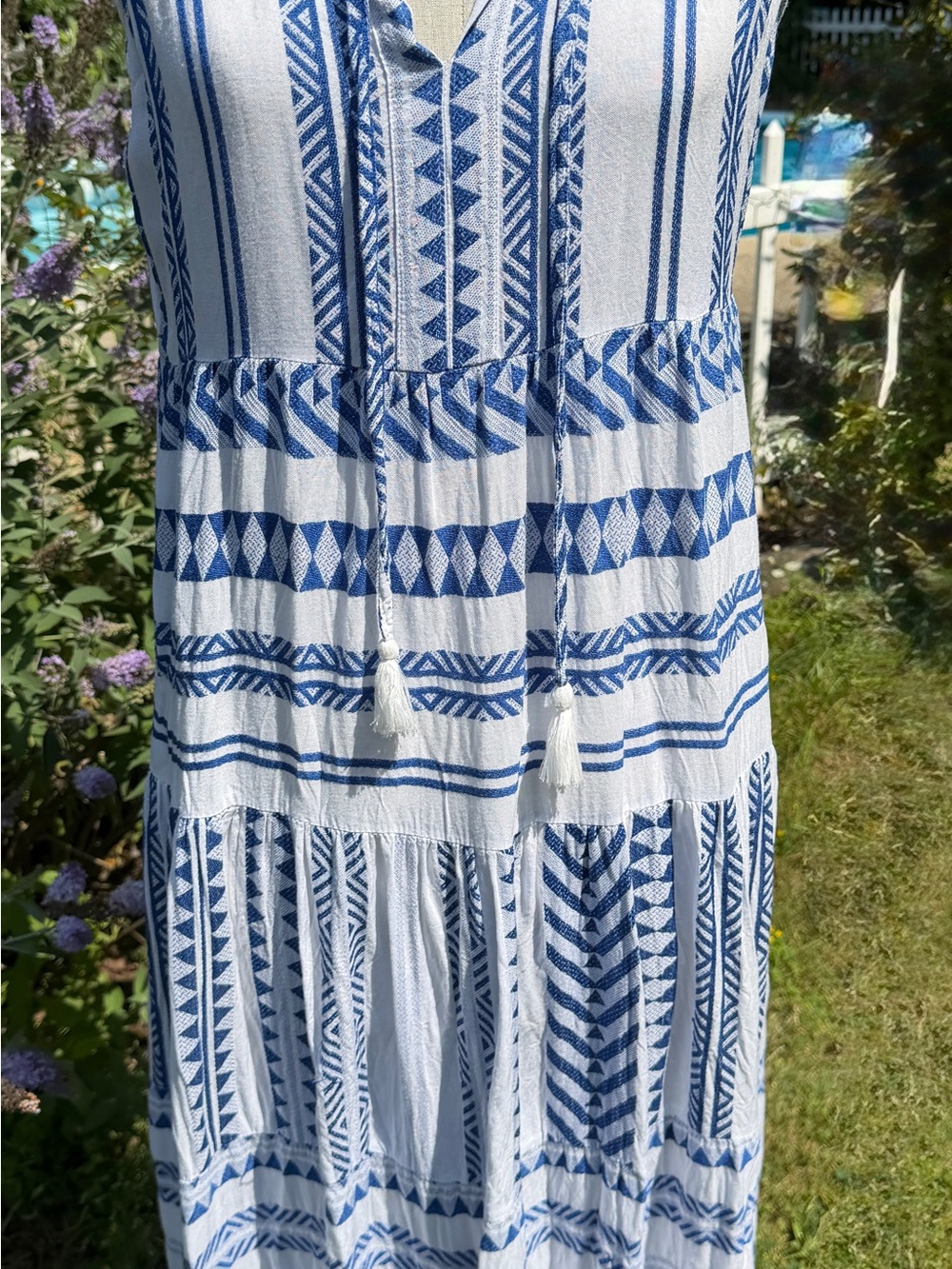 Women’s White and Blue Tiered Tie-Front Maxi Dress